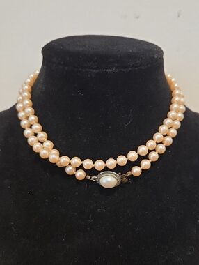 Vintage - Classic Double Strand Peach Glass Pearl Necklace with Pearl Clasp
